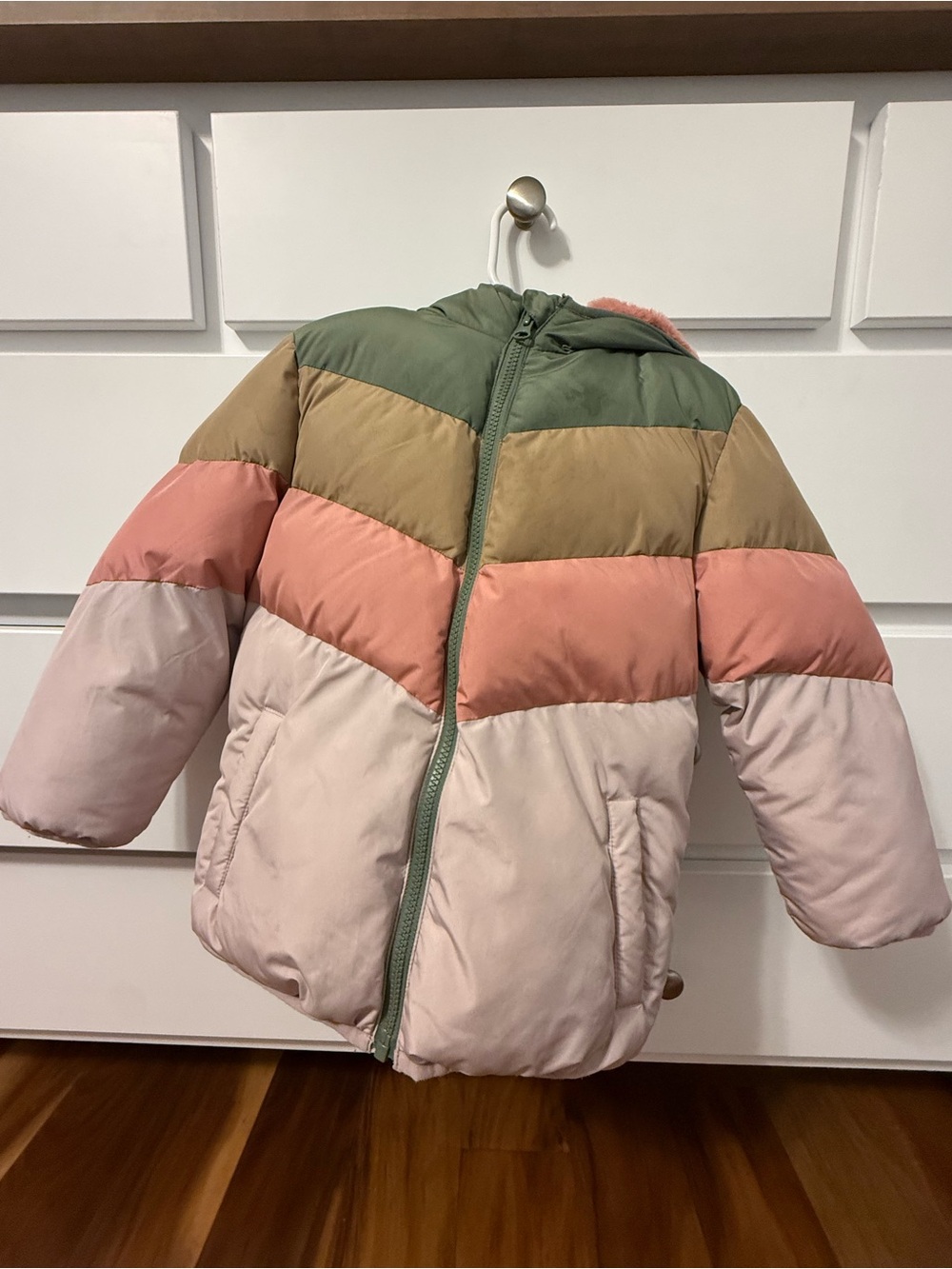 Colorblock Toddler Hooded Puffer Jacket in Green, Olive, Pink, Blush